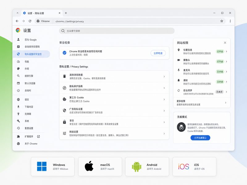 Chrome 安全设置面板 - 无痕模式界面展示